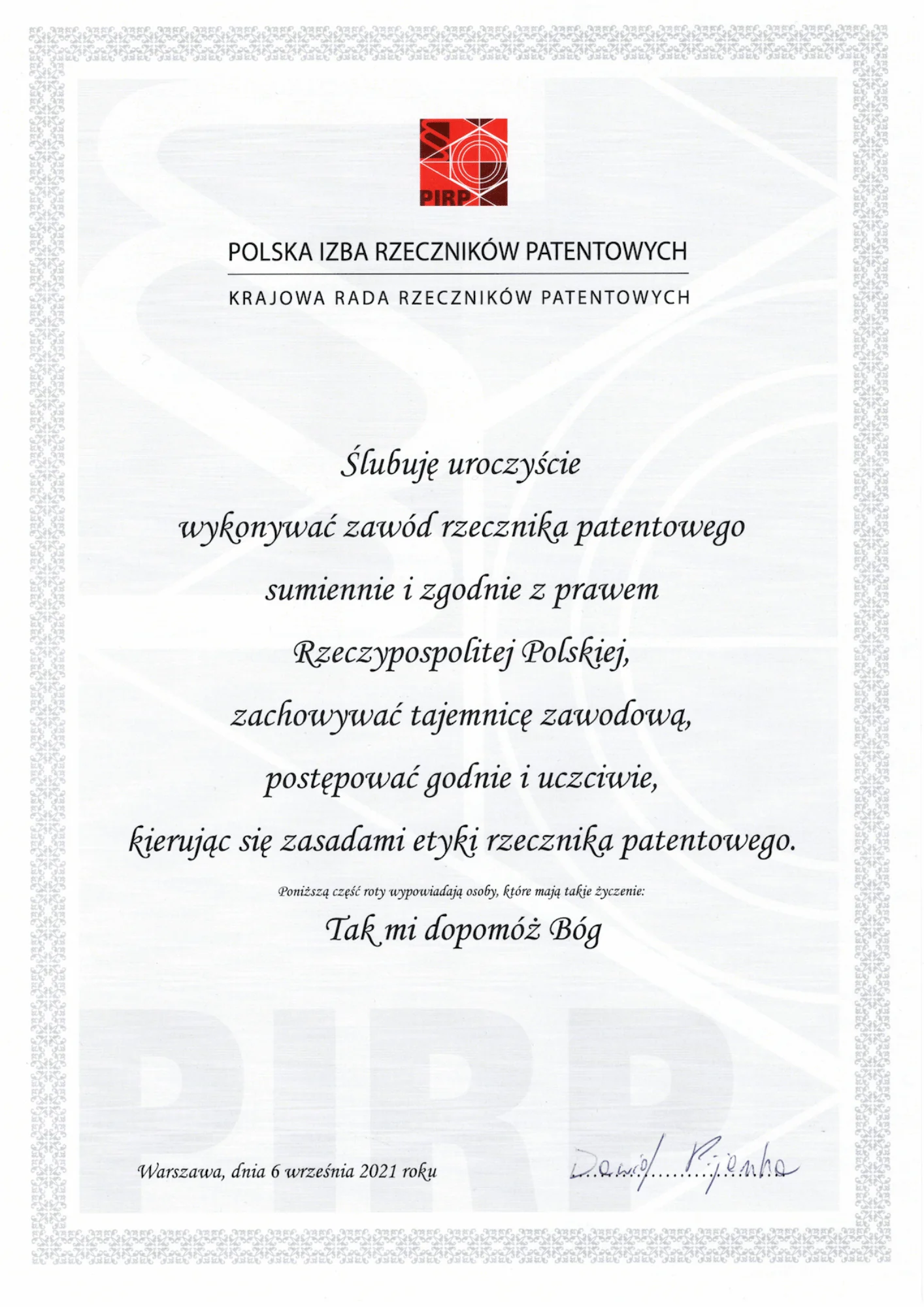 Ślubowanie rzecznika patentowego - Dawid Pijanka